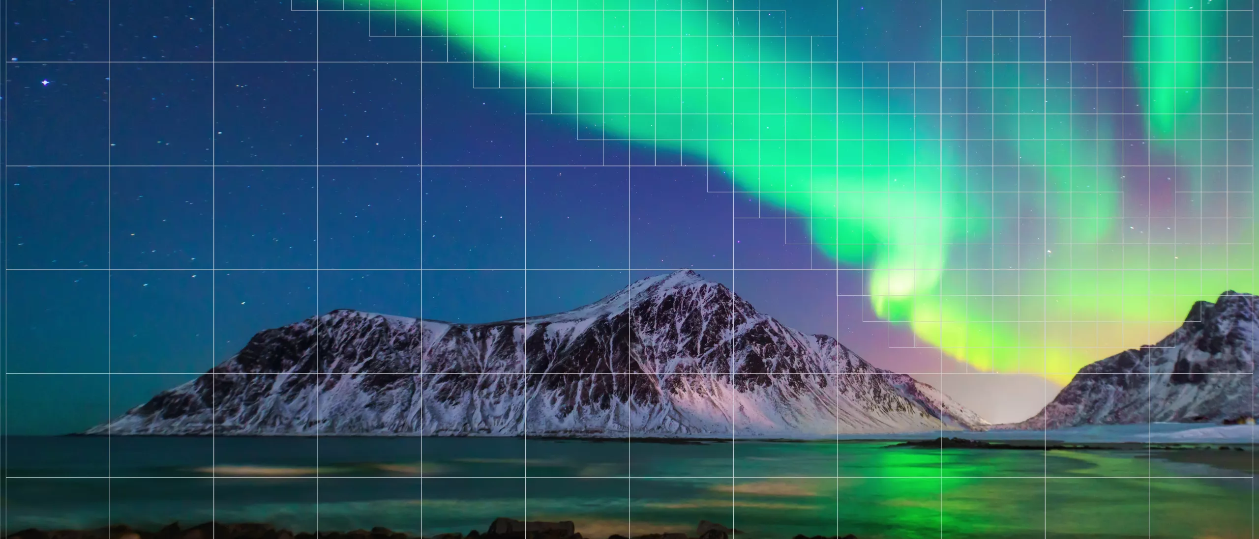 Sea with a big mountain on the horizon. Northern lights in the sky