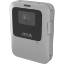 Caméra-piéton AXIS W110 Body Worn Camera de forme grise et carrée avec un objectif noir et le logo AXIS.