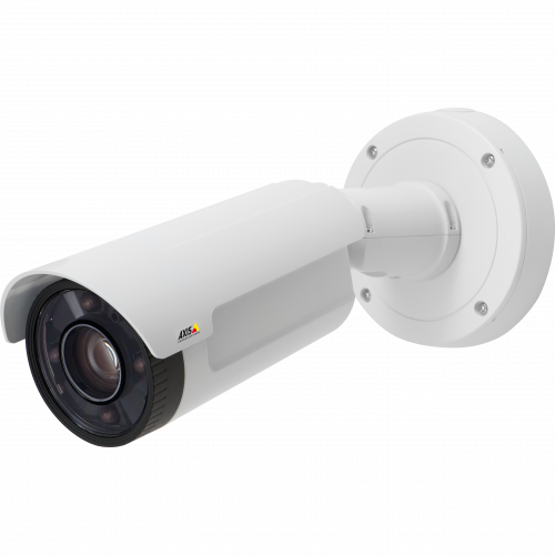 AXIS Q1765-LE is a bullet camera in white color with built-in IR illumination. The camera is viewed from its left.