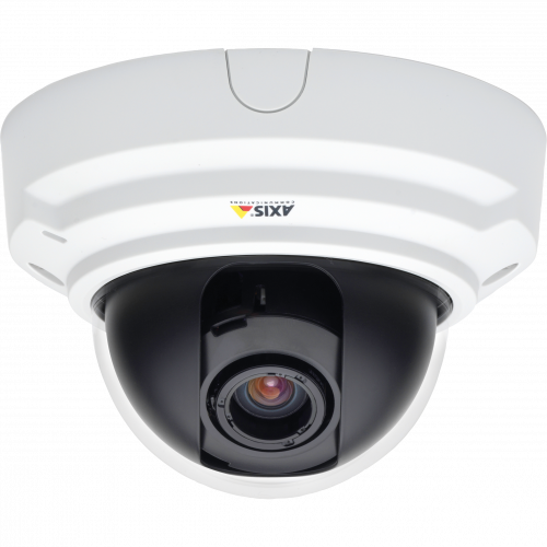 AXIS P3344-V Indoor, vandal-resistant HDTV fixed dome with day/night functionality, remote focus and zoom. Shown from front. 