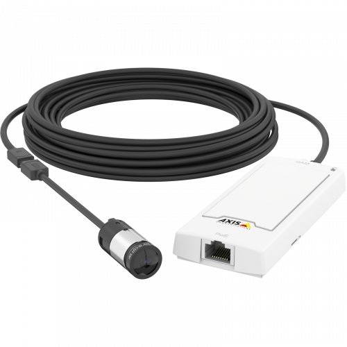  A AXIS P1244 Network Camera possui Power over Ethernet. O produto é visto pela frente. 