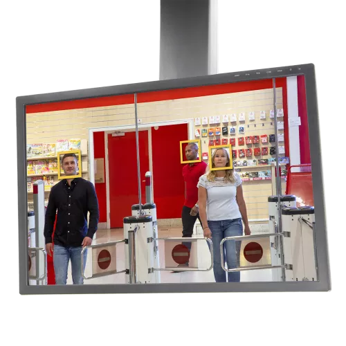 Face detector screen with customers entering a grocery store