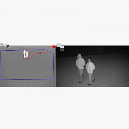 AXIS Perimeter Defender PTZ Autotracking, 걷는 두 남자의 흑백 사진