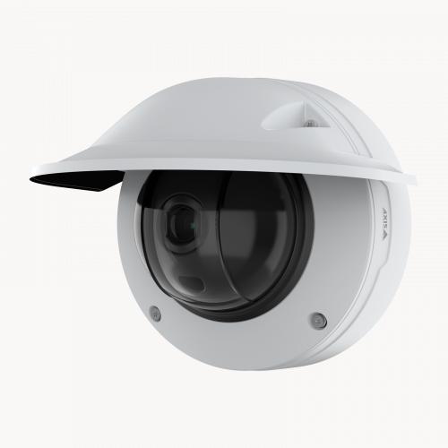 AXIS Q3536-LVE Dome Camera with weathershield, viewed from its left angle