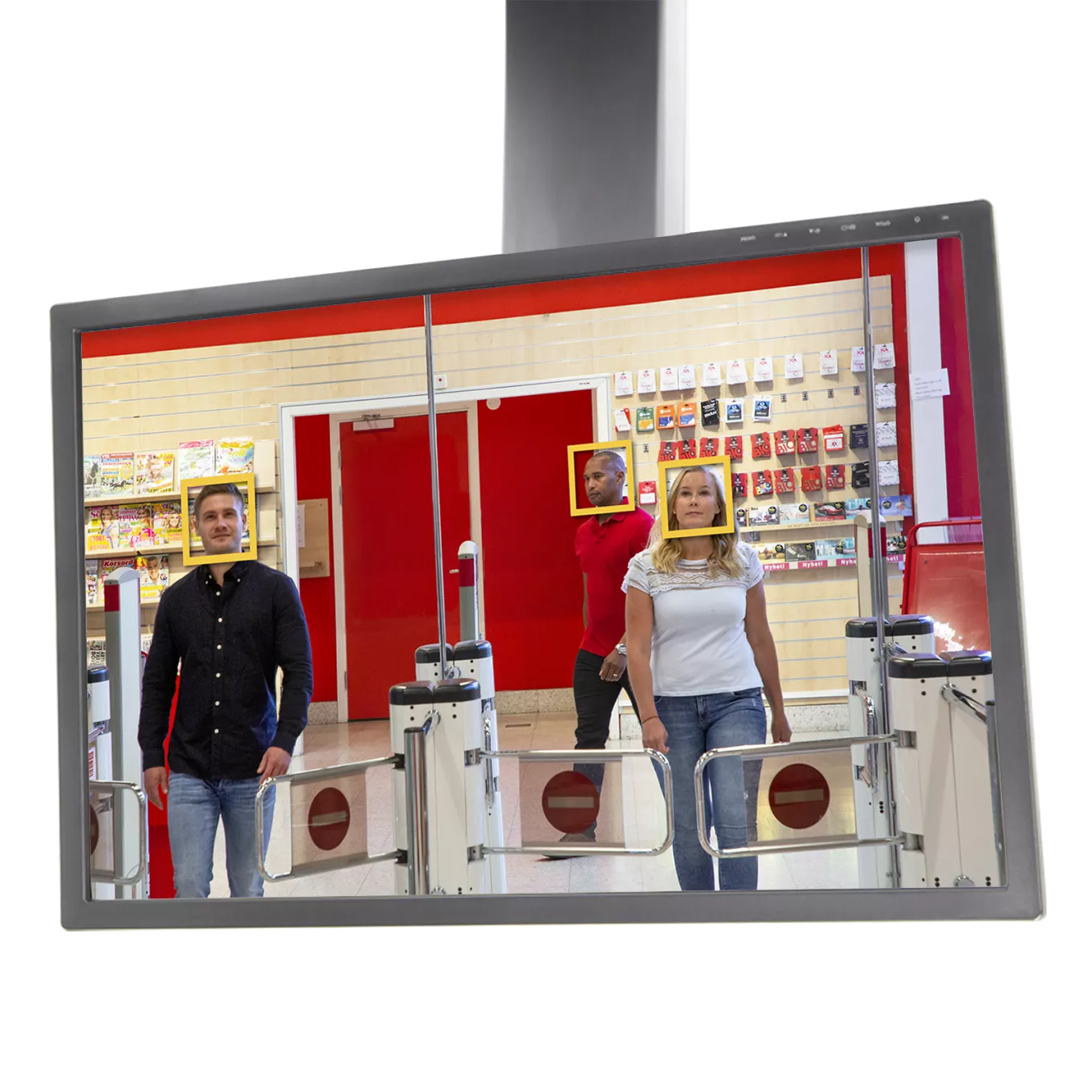 Face detector screen with customers entering a grocery store