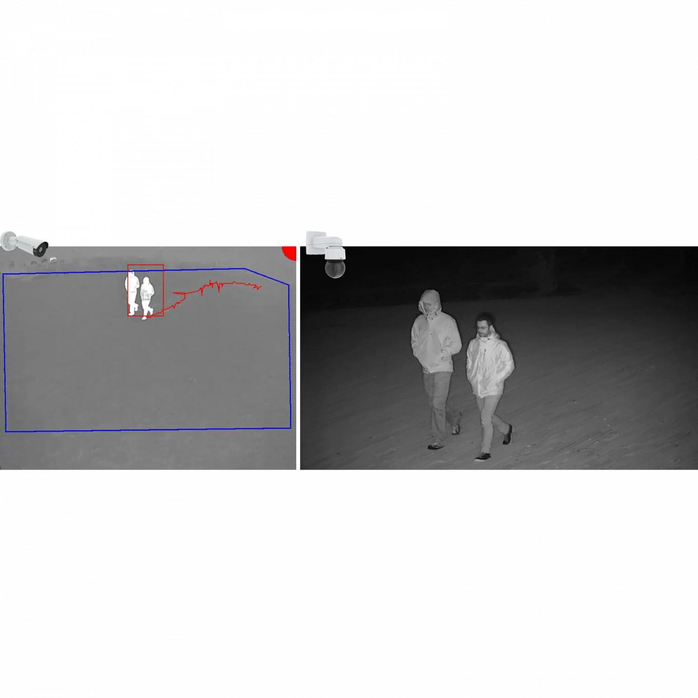 AXIS Perimeter Defender PTZ Autotracking, foto em preto e branco de dois homens caminhando