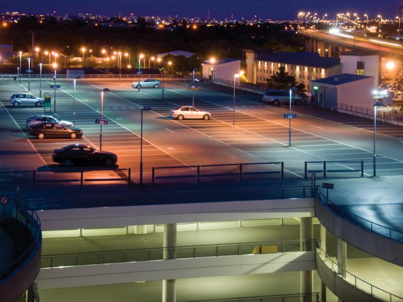 Axis IP camera vieweing an empty parking garage top at night
