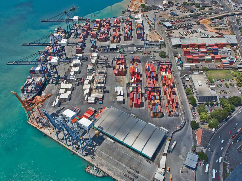 Aerial of Tecon Salvador harbour including containers