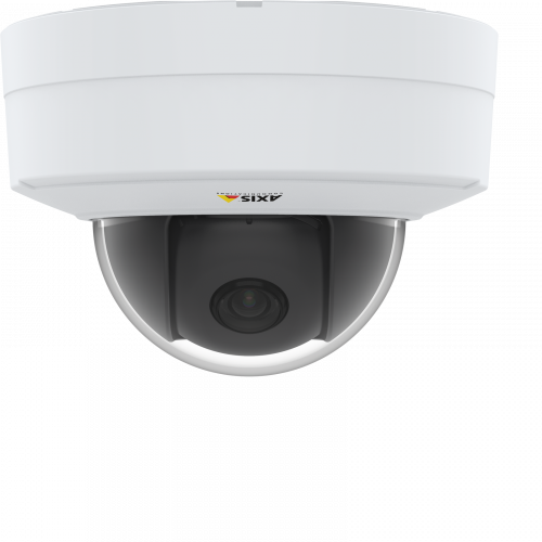 IP Camera AXIS P3245-V는 원격 줌 및 포커스 기능을 제공합니다. 이 카메라는 천장의 전면에서 본 것입니다.