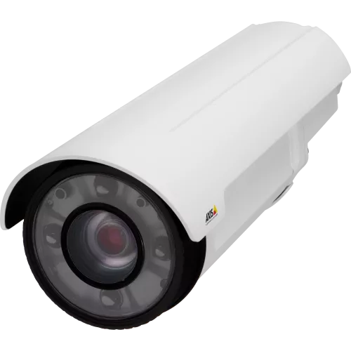 AXIS Q17-65-LE PT Mount is a bullet-style camera for outdoor use with Optimized IR. The camera is viewed from its left.