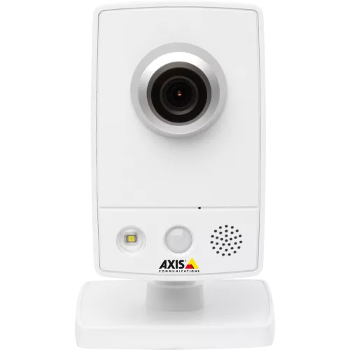 AXIS M1054 is a small and smart HDTV IP camera with Power over Ethernet. The camera is viewed from its front. 