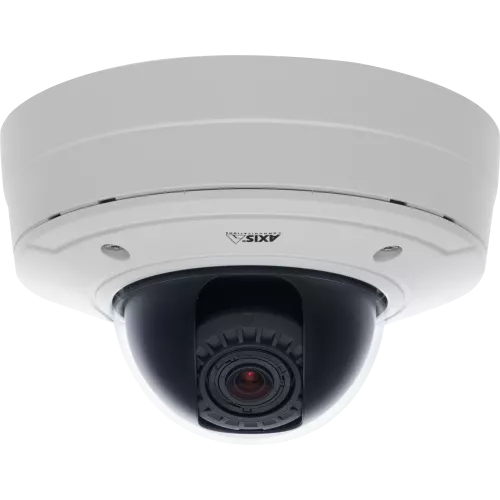 AXIS P3364-VE is an IP camera with lightfinder technology and P-Iris control. The camera is viewed from its front. 