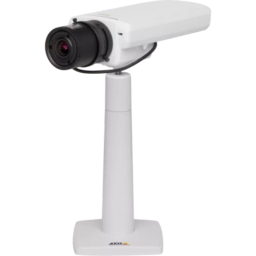 AXIS P1357 is an IP camera with digital PTZ and multi-view streaming. The camera is viewed from its left. 