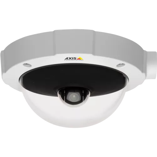 AXIS M5013-V is a vandal-resistant PTZ dome with Power over Ethernet. The camera is viewed from its front. 