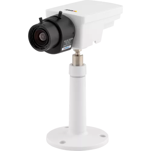 IP Camera AXIS M1113 has varifocal DC-iris lens and power over ethernet. The camera is viewed from it´s left.