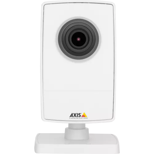 AXIS M1025 is a small network camera with HDMI™ and edge storage. The camera is viewed from its front.