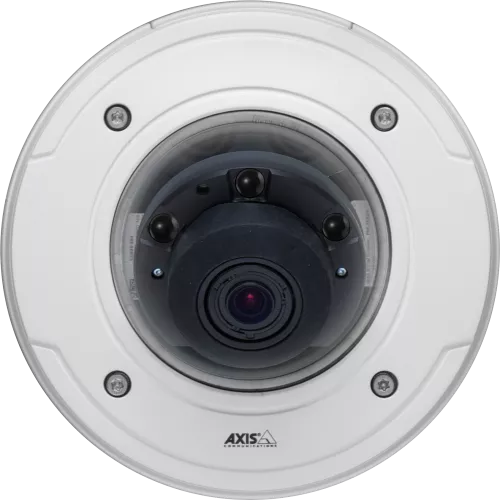 AXIS P3364-LVE is a vandal-resistant fixed dome for outdoor use. The IP camera is viewed from its front.