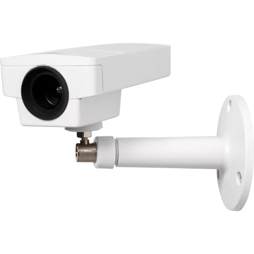 AXIS M1145 is an IP camera in compact design with day and night functionality. The camera is viewed from its left.