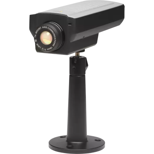 Black camera on pole, pointing to the left. It has two-way audio support, allowing users to communicate with visitors and intruders.