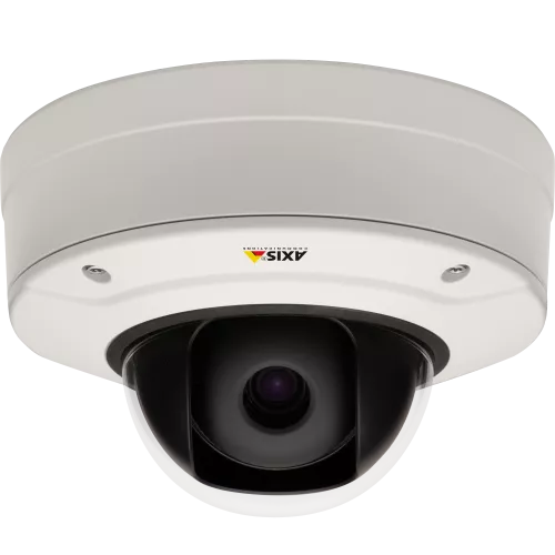 IP Camera AXIS Q3505-V has WDR – Forensic Capture, IK10 impact resistance, IP52 dust and water protection. Viewed from front.