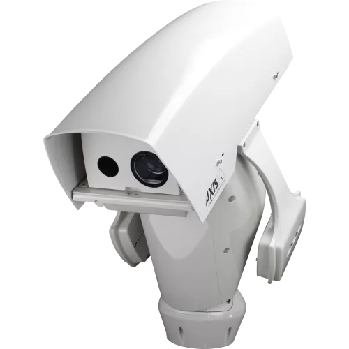 AXIS Q8721-E Dual PTZ is an IP camera with high-quality thermal detection. The camera is viewed from its left angle. 