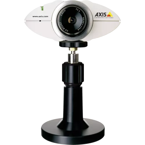 AXIS 2100 is a white IP camera on a black pole that offers offers crisp, quality images and streaming video.