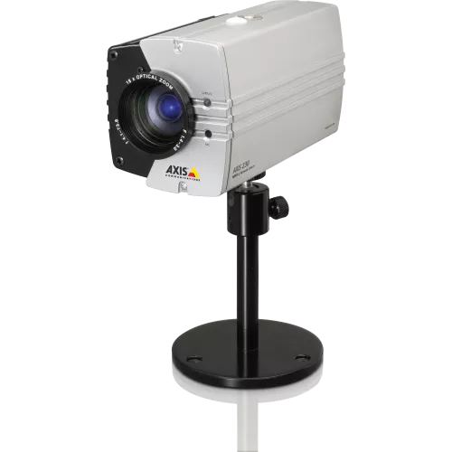 AXIS 230 MPEG-2 Network Camera is an IR-sensitive day/night camera. The product is viewed from its left angle. 