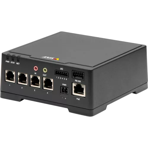 AXIS F44 Main Unit has two-way audio, input/output ports and two SD card slots. The unit is viewed from its left angle. 