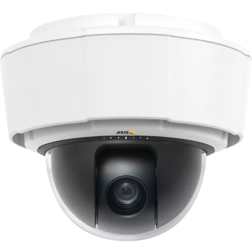 AXIS P5514-E PTZ is an outdoor-ready IP camera in compact design. The camera is viewed from its front.