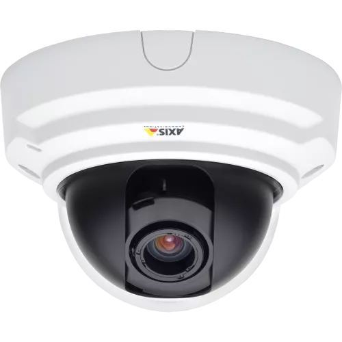 AXIS P3343-V is an indoor vandal-resistant fixed dome with remote focus and easy installation. Here shown from its front 