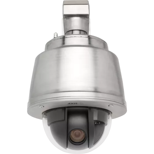 AXIS Q6045-S Mk II PTZ is an IP camera in stainless steel with HDTV 1080p. The camera is viewed from its front. 