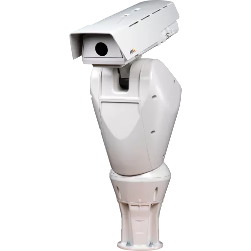 AXIS Q8631-E PT Thermal Network Camera has thermal imaging with pan/tilt positioning. The IP camera is viewed from its left. 