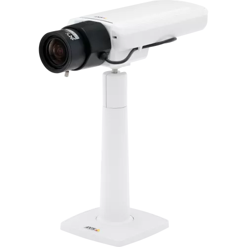 AXIS P1364 is an IP camera in white color that has Lightfinder and WDR. The product is viewed from its left angle.