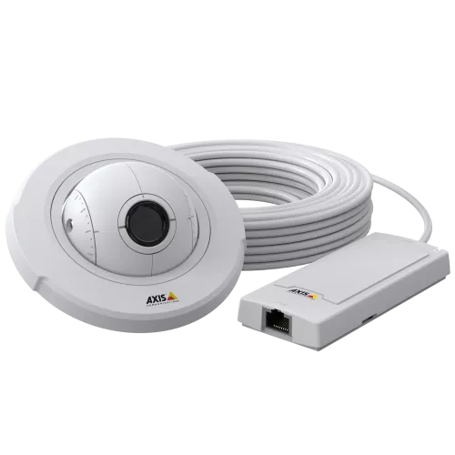 White camera with round shape and cables leading to a small box.