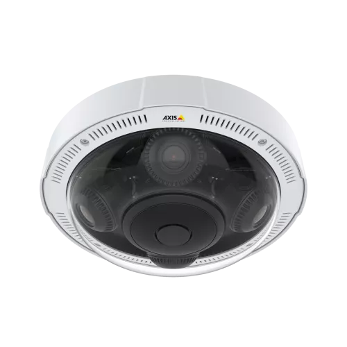 The IP camera AXIS P3719-PLE mounted to the ceiling, viewed from its front.