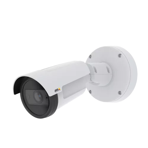 A AXIS P1455-LE é uma câmera IP bullet fixa para áreas externas equipada com as tecnologias Lightfinder e Forensic WDR. A câmera é vista pelo ângulo esquerdo.