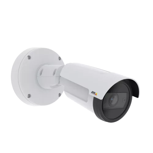 AXIS P1455-LE is an outdoor-ready fixed bullet IP camera with Lightfinder and Forensic WDR. The camera is viewed from its right angle.