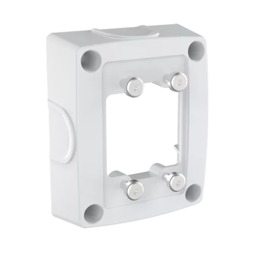 AXIS TQ1601-E Conduit Back Box, color blanco y en ángulo hacia la derecha.