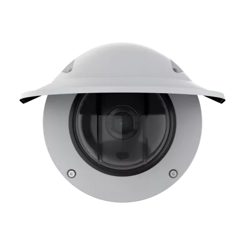 AXIS Q3536-LVE Dome Camera with weathershield, viewed from its front