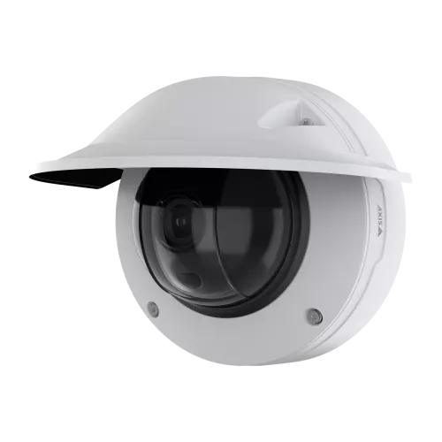 ウェザーシールドを装着したAXIS Q3538-LVE Dome Camera、左斜めから見た図