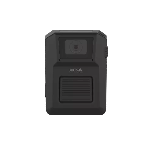 AXIS W101 Body Worn Camera in black color, viewed from its front