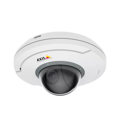 M5074 PTZ Camera, noir et blanc avec un logo Axis, vue de gauche