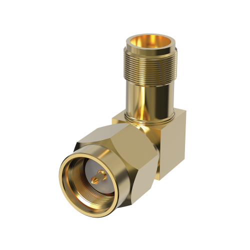 Gold colored AXIS TU6002 Right-angle SMA Adaptor, viewed from left angle.