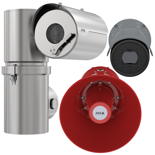 Collage de tres dispositivos con protección para entornos explosivos, que consta de dos cámaras y un altavoz de bocina.