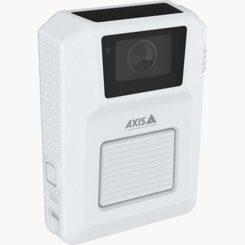 Caméra-piéton AXIS W102 blanche, vue de son angle droit