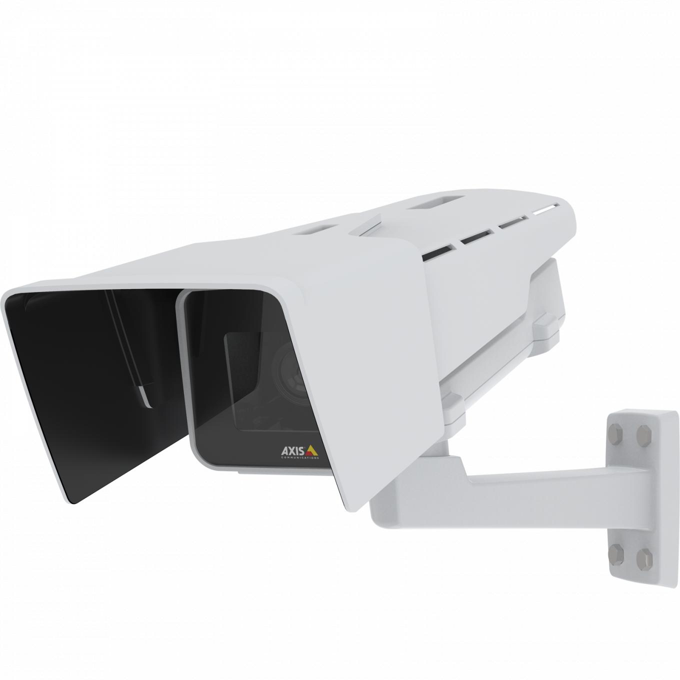 AXIS P1375-E IP Camera mit Wetterschutzverlängerung, Wandmontage, von links