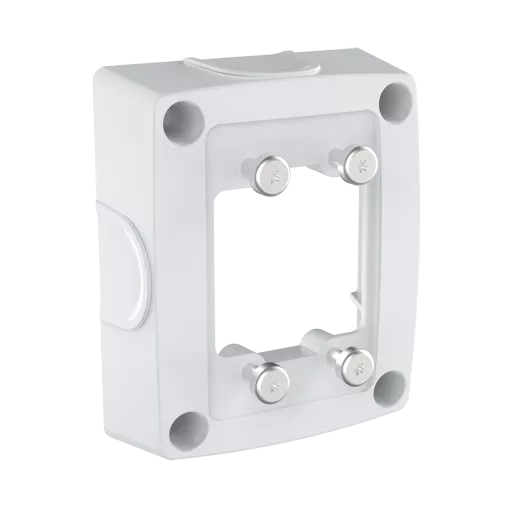 AXIS TQ1601-E Conduit Back Box, colore bianco e inclinata alla sua destra.